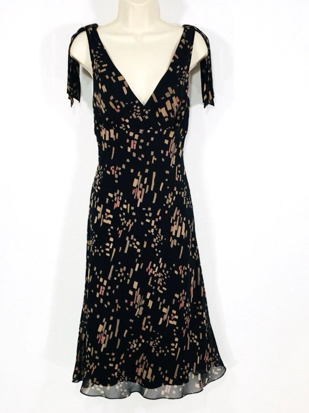 BCBGMAXAZRIA Silk Dress Sz M Flowy Ribbon Sleeves Fit & Flare Dark FairyWhimsy